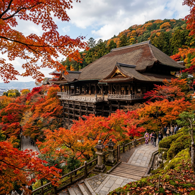 Templo tradicional en Kioto durante el otoño rodeado de hojas de arce rojas