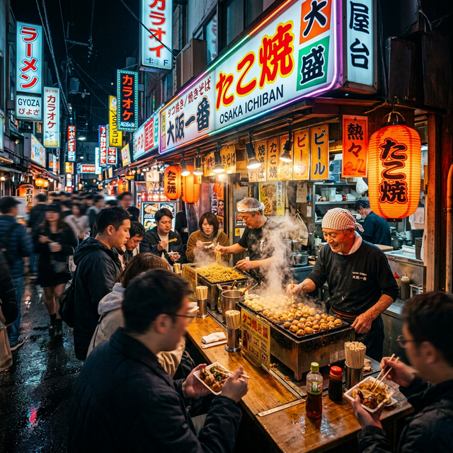Puesto de comida callejera en Osaka iluminado por luces de neón