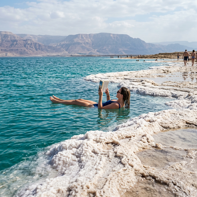 Flotar en el Mar Muerto durante la ruta por Jordania