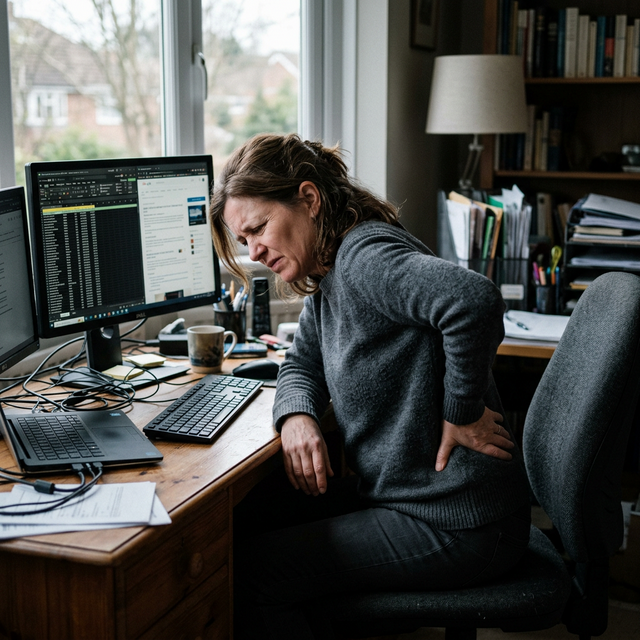 Adulto trabajando en un escritorio de ordenador con muy mala postura, sufriendo dolor lumbar