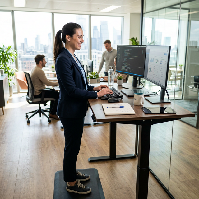 Profesional trabajando de pie en un standing desk con postura erguida correcta