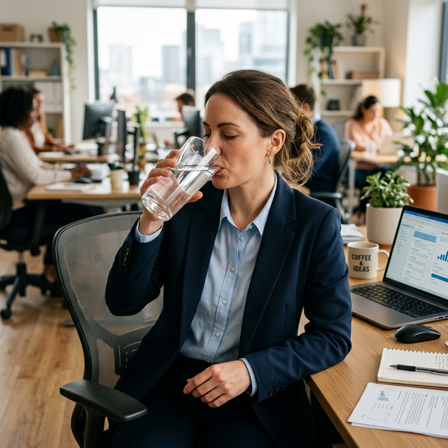 Trabajadora en una oficina bebiendo mucha agua para hidratar el cuerpo y los discos lumbares