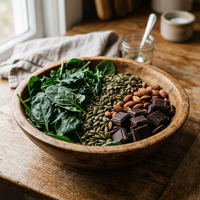 Bol de madera lleno de alimentos reales y naturales muy ricos en magnesio como espinacas frescas y pipas de calabaza