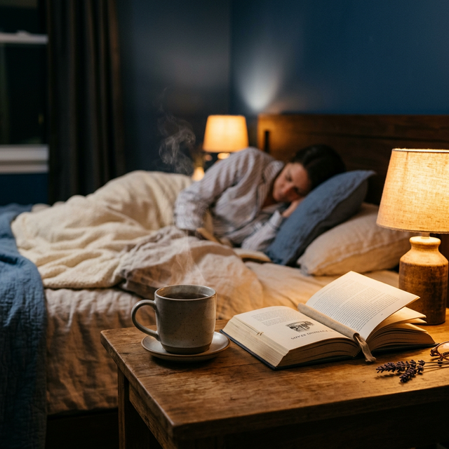 Rutina relajante nocturna en una mesita de noche con un libro y una taza de infusión humeante