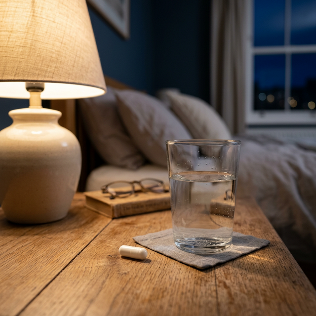 Cápsula de suplemento de magnesio en una mesita de noche preparadada para tomar antes de ir a dormir