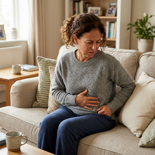 Adulto sentado en el sofá sufriendo síntomas de dolor abdominal e inflamación crónica