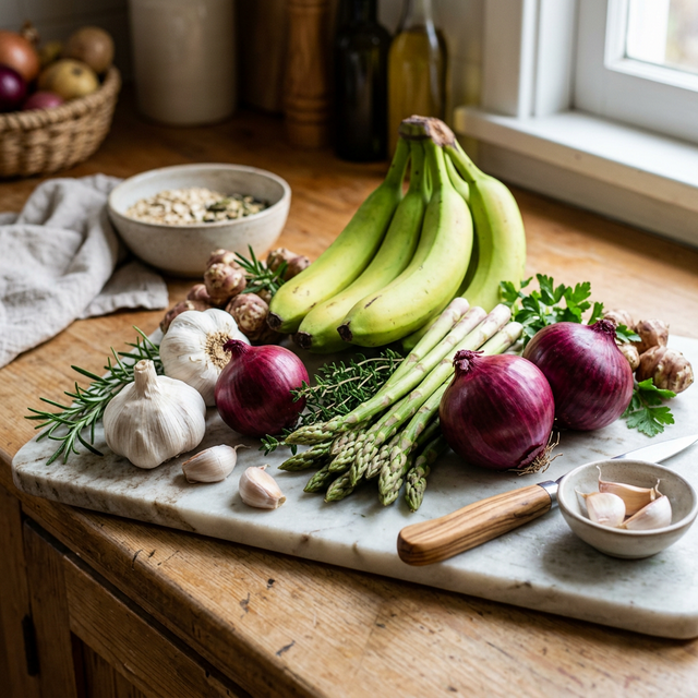Selección colorida de alimentos con fibra prebiótica como rábano, cebolla, espárragos y ajos crudos