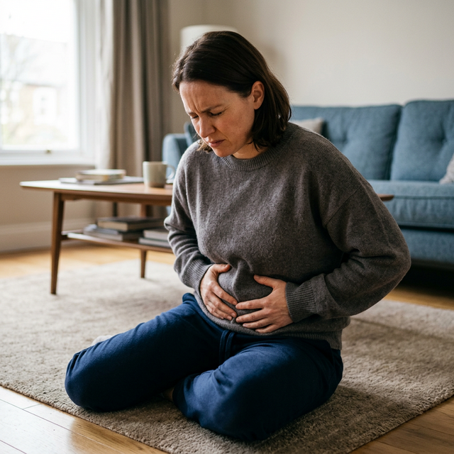Persona sentada sufriendo agudamente de dolor abdominal severo por atasco digestivo e inflamación