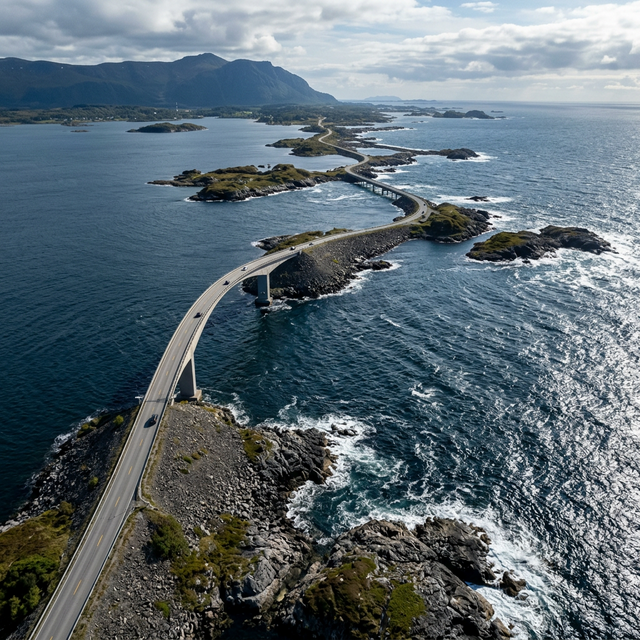La icónica Carretera del Atlántico serpenteando entre islotes rocosos en la costa noruega con el mar azul oscuro al fondo