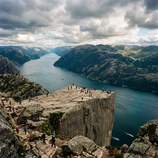 Los increíbles acantilados de Preikestolen vistos desde la plataforma rocosa que se asoma sobre el Lysefjord