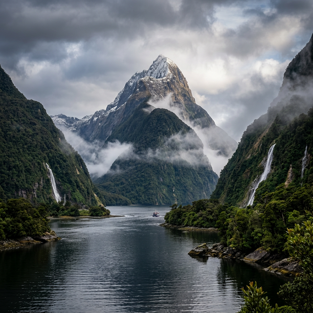 El fiordo de Milford Sound con el Pico Mitre emergiendo de la niebla y cascadas cayendo por las paredes de roca