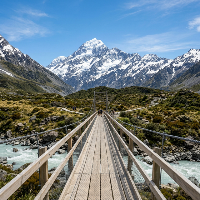 Puente de madera sobre el río glaciar de Hooker Valley con el Monte Cook nevado al fondo bajo un cielo despejado