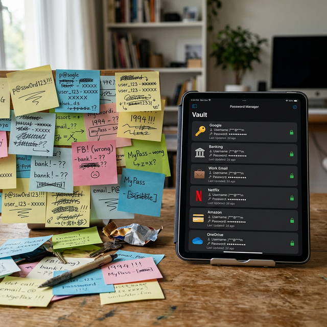 Post-its caóticos con contraseñas escritas a mano frente a un gestor digital ordenado