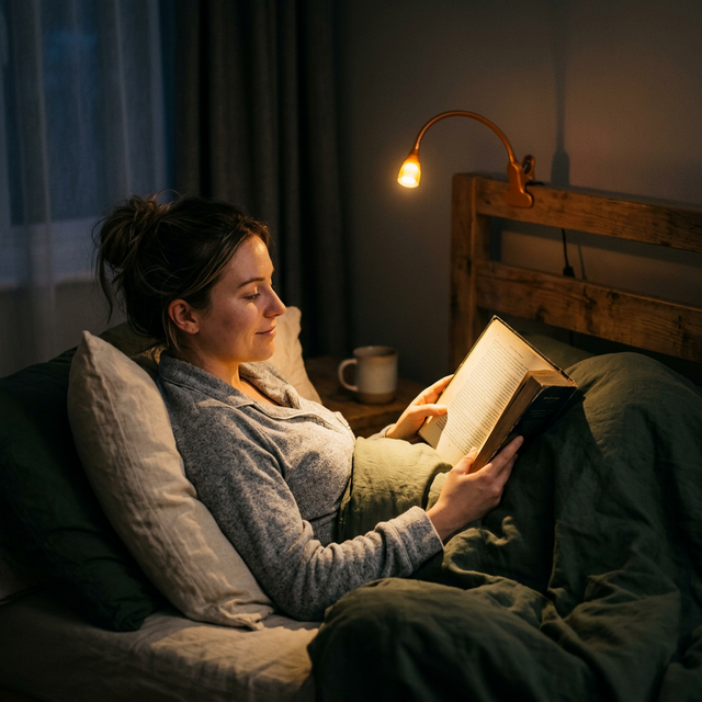 Persona leyendo en la cama con luz ámbar