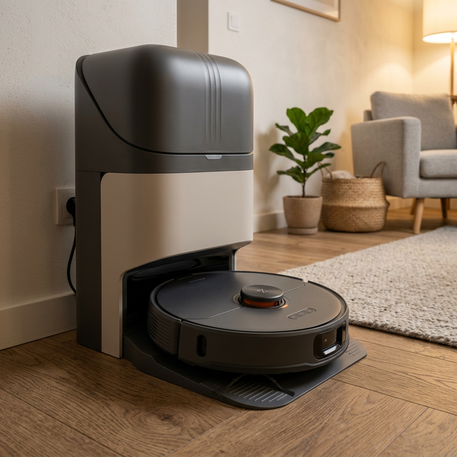 Base completa de autovaciado minimalista y avanzada en la esquina del salón