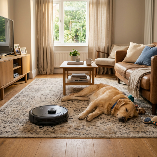 Un robot aspirador de gama premium navegando alrededor de un perro descansando en un salón