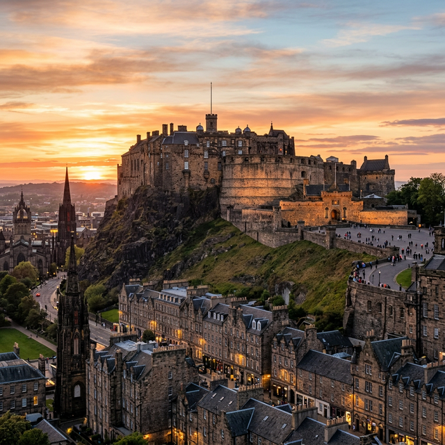 Castillo de Edimburgo iluminado por el sol del atardecer sobre su roca volcánica