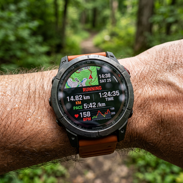 Esfera de cerca mostrando métricas de carrera de un smartwatch robusto en medio del bosque