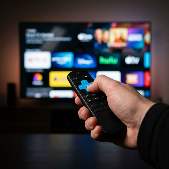 Mando a distancia frente a la pantalla de bienvenida de una plataforma de streaming