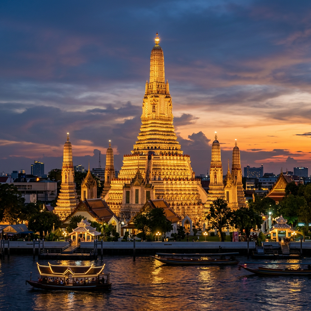 Espectacular templo de Wat Arun en Bangkok al anochecer finamente iluminado