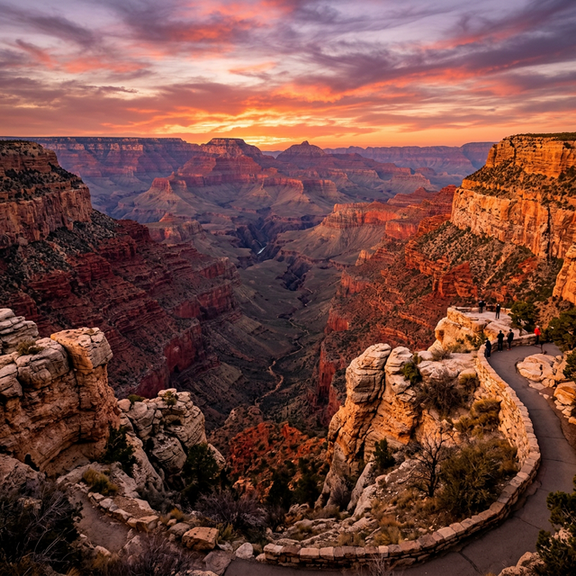 Inmenso Gran Cañón al atardecer con tonos rojos y naranjas