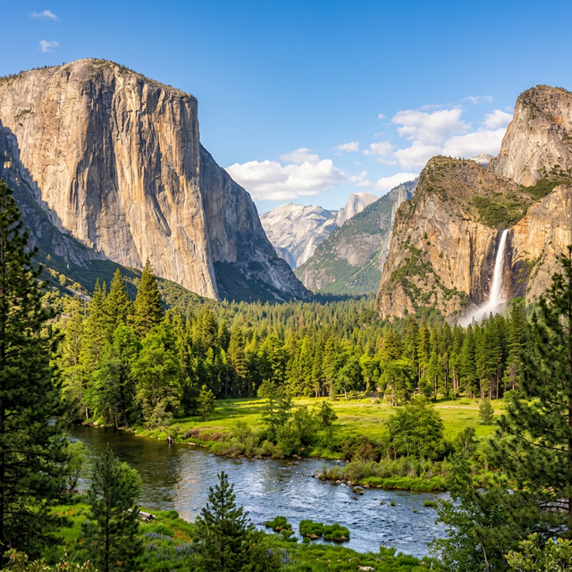 Espectacular vista del valle de Yosemite con El Capitán y una cascada en primavera