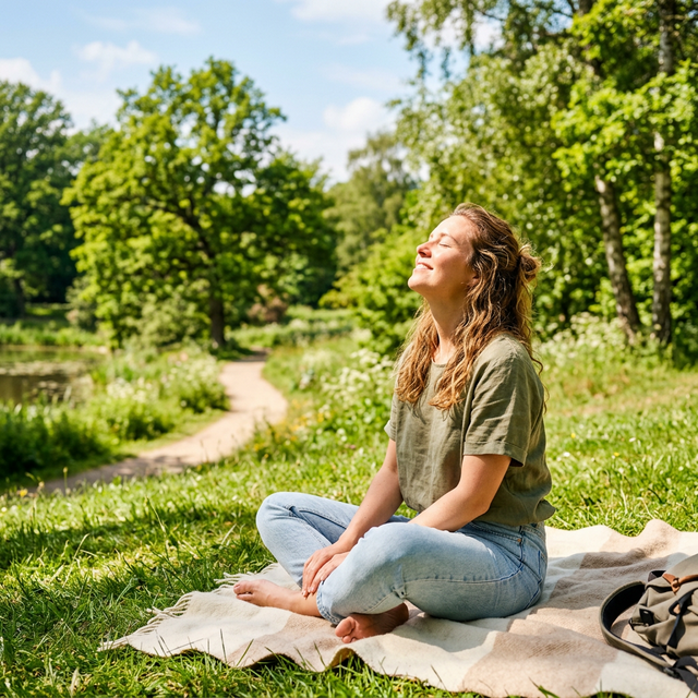 Persona relajada con ojos cerrados tomando el sol del mediodía rodeada de vegetación arbórea