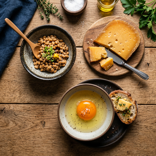 Composición de alimentos ricos en K2: queso y yema de huevo