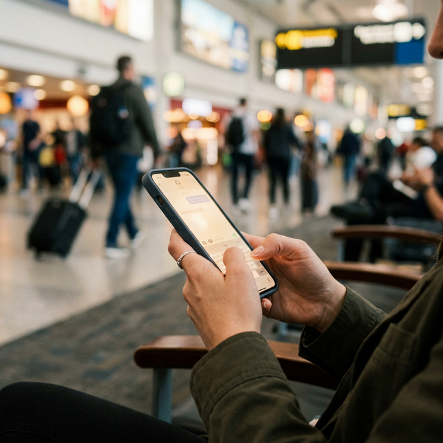 Persona usando el móvil en el aeropuerto con la VPN activada