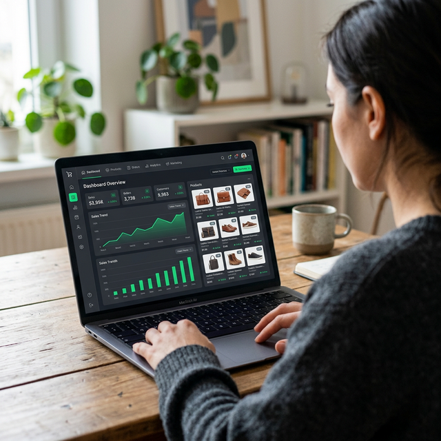 Primer plano de la pantalla de un portátil mostrando el avanzado y detallado panel de control de ventas de una tienda online en Shopify