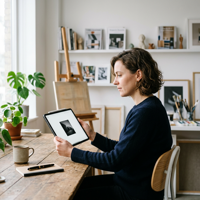 Un creativo revisando un portafolio web minimalista y elegante en blanco y negro en una tableta iPad en su estudio